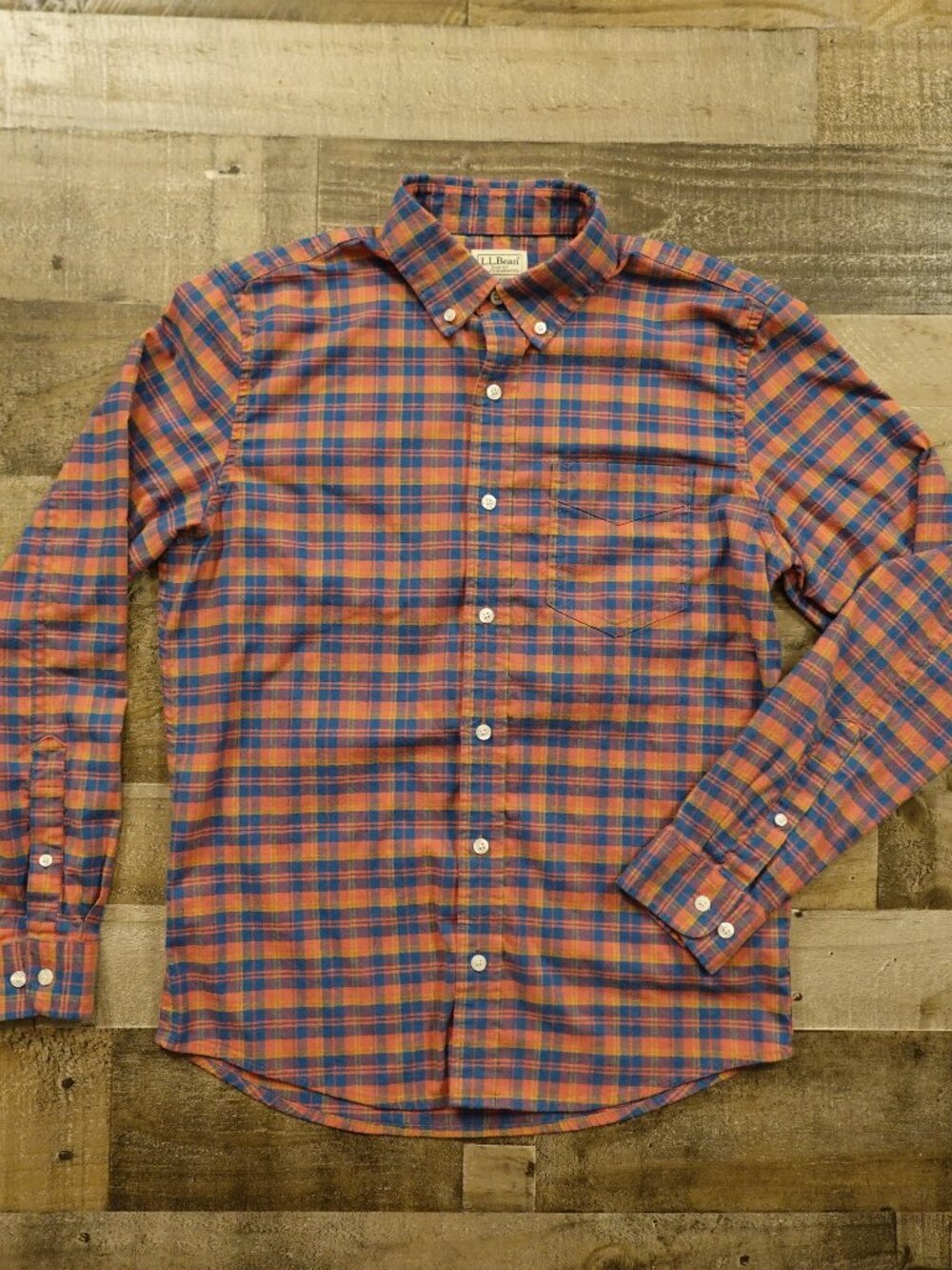 L.L.Bean Comfort Stretch Oxford Shirt Men's Small Regular Orange Blue Plaid